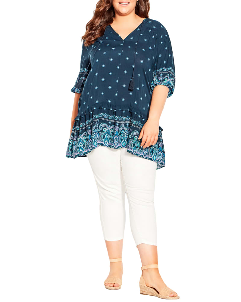 Plus size model wearing Demi Hi-Lo Paisley Tunic by Avenue | Dia&Co | dia_product_style_image_id:192424